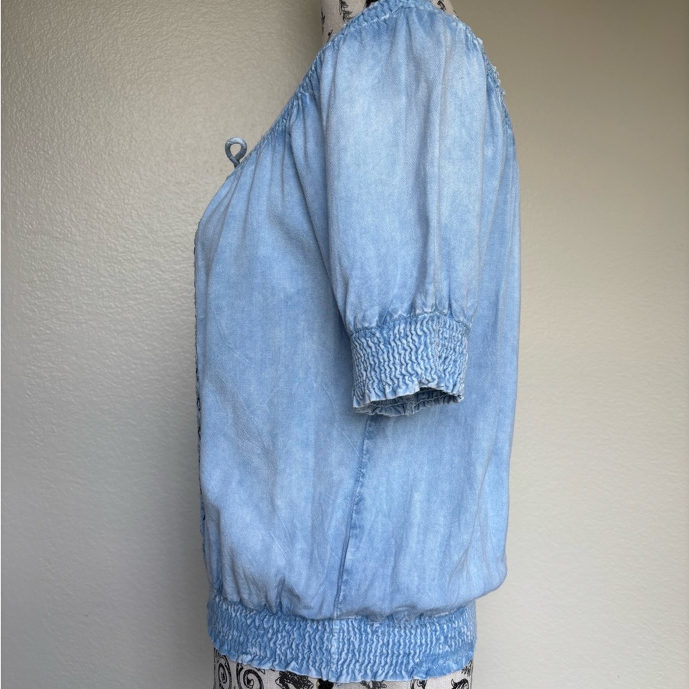 Smocked Light Blue Embroidered Peasant Blouse - Picture 4 of 13